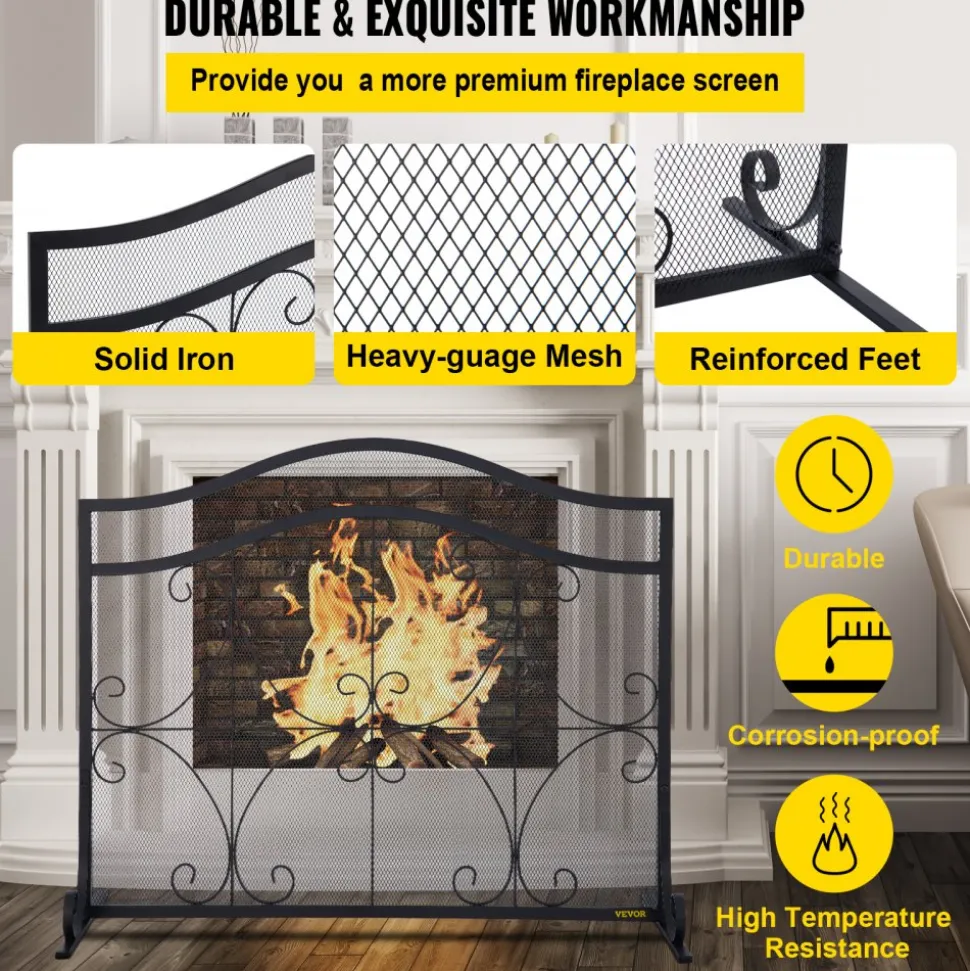 VEVOR Fireplace Screen, 38 x 26.5 Inch,Heavy Duty Iron Freestanding Spark Guard with Support, Metal Mesh Craft, Broom Tong Shovel Poker Included for Fireplace Decoration & Protection, Black