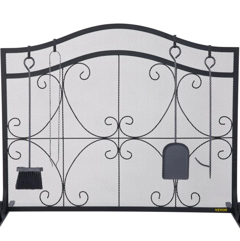 VEVOR Fireplace Screen, 38 x 26.5 Inch,Heavy Duty Iron Freestanding Spark Guard with Support, Metal Mesh Craft, Broom Tong Shovel Poker Included for Fireplace Decoration & Protection, Black