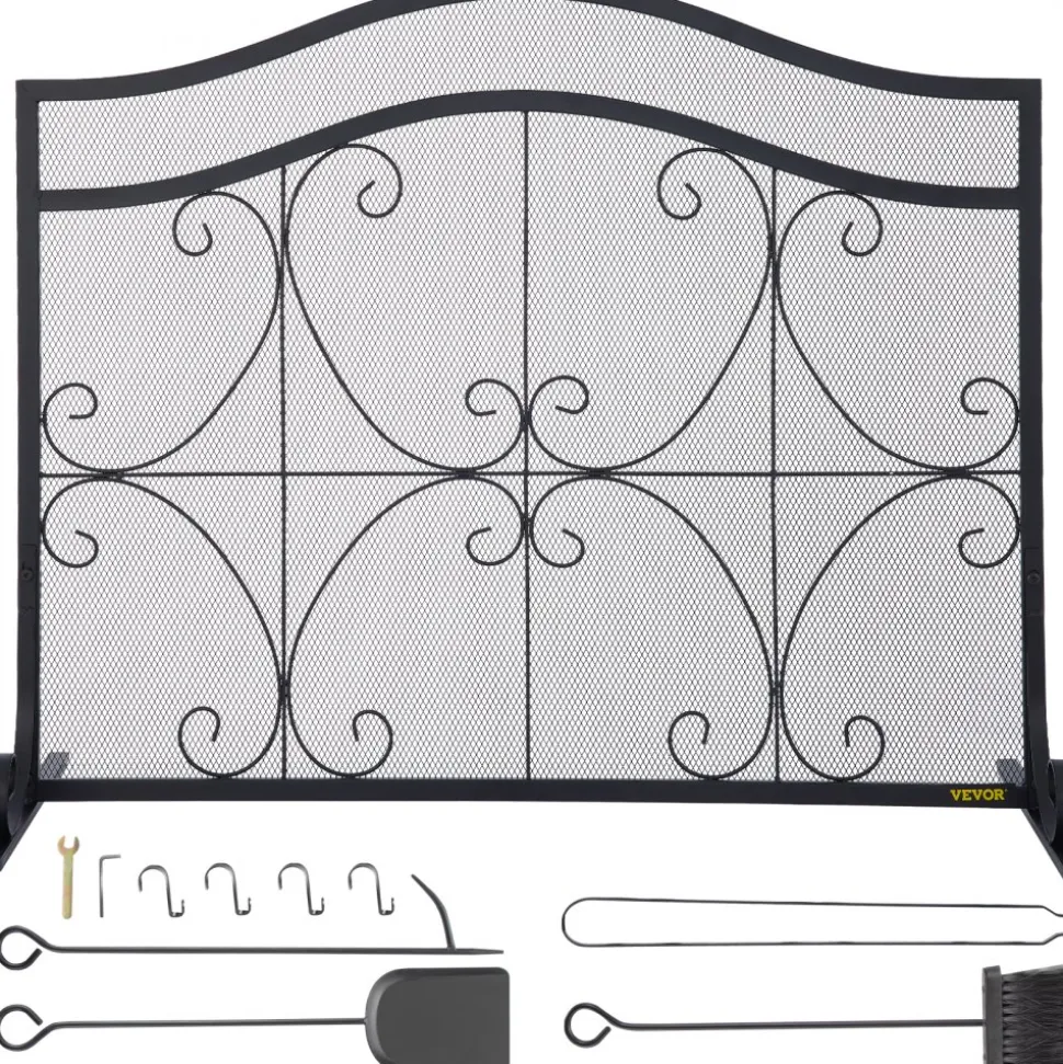 VEVOR Fireplace Screen, 38 x 26.5 Inch,Heavy Duty Iron Freestanding Spark Guard with Support, Metal Mesh Craft, Broom Tong Shovel Poker Included for Fireplace Decoration & Protection, Black
