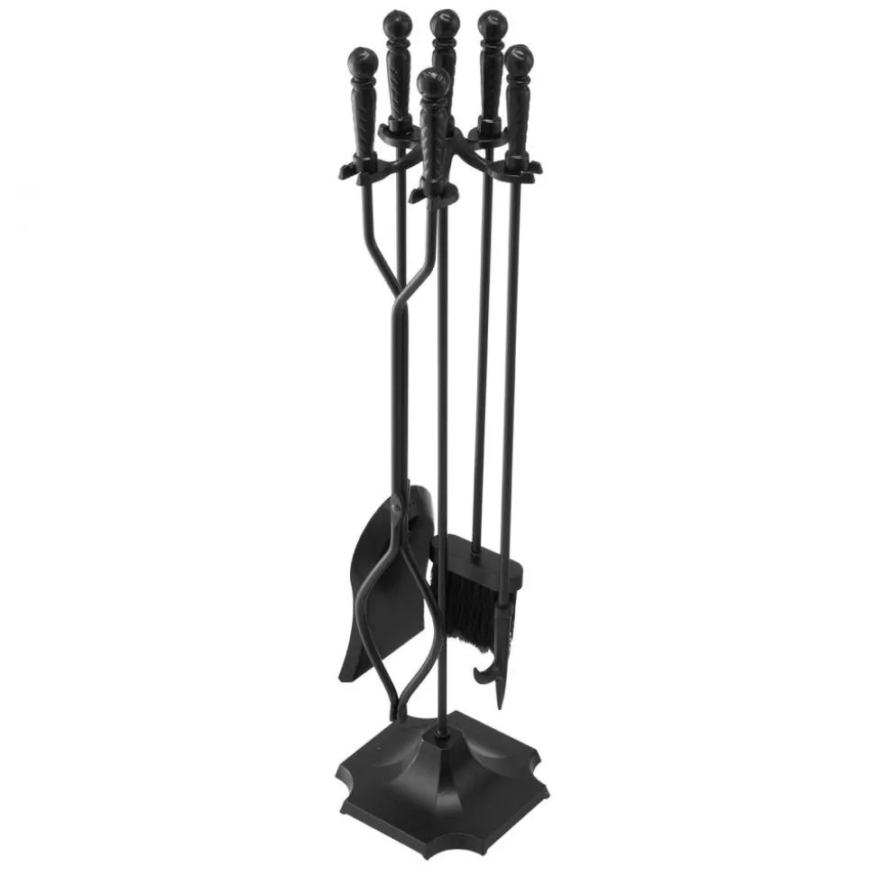 VEVOR Fireplace Tool Set, 5 PCS Fire Tool Set and Holder with Five-Prong Stand, Tongs, Ash Shovel, Brush, Fire Place Poker, Wrought Iron Fireplace Accessories for Campfire Indoor/Outdoor, Black