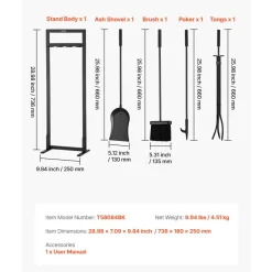 VEVOR Fireplace Tool Set, 4 PCS Fire Tool Set and Holder with Three-Prong Stand, Ash Shovel, Brush, Fire Place Poker, Wrought Iron Fireplace Accessories for Campfire Indoor/Outdoor, Black