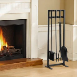 VEVOR Fireplace Tool Set, 4 PCS Fire Tool Set and Holder with Three-Prong Stand, Ash Shovel, Brush, Fire Place Poker, Wrought Iron Fireplace Accessories for Campfire Indoor/Outdoor, Black