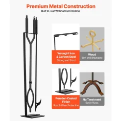 VEVOR Fireplace Tool Set, 5 PCS Fire Tool Set and Holder with Five-Prong Stand, Tongs, Ash Shovel, Brush, Fire Place Poker, Wrought Iron Fireplace Accessories for Indoor/Outdoor, Black & Brass