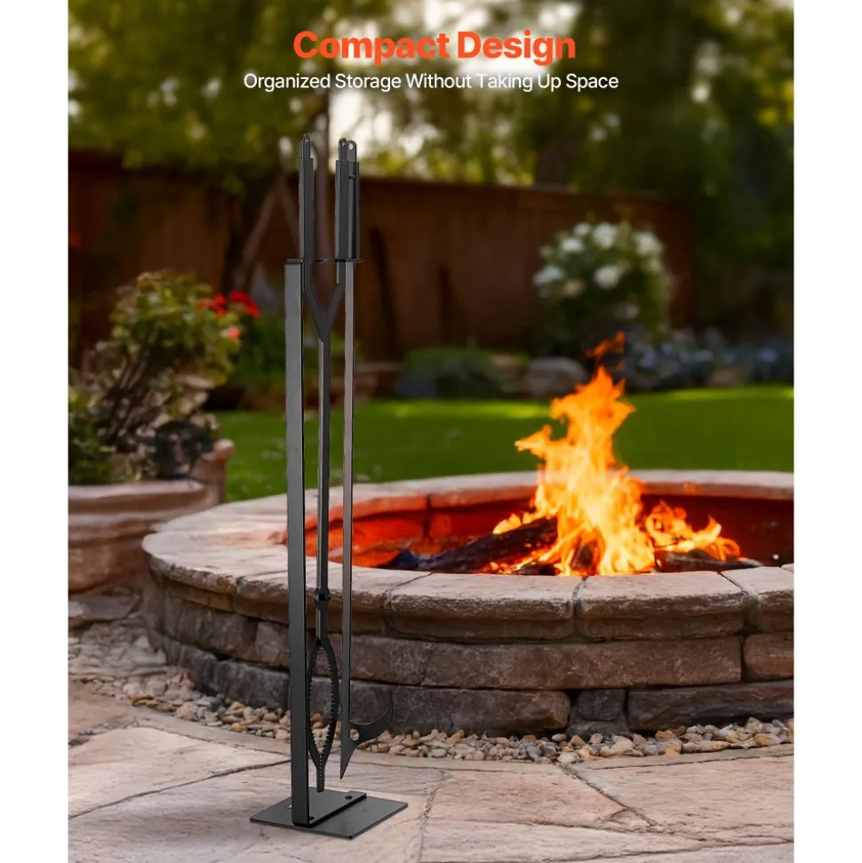 VEVOR Fireplace Tool Set, 5 PCS Fire Tool Set and Holder with Five-Prong Stand, Tongs, Ash Shovel, Brush, Fire Place Poker, Wrought Iron Fireplace Accessories for Indoor/Outdoor, Black & Brass