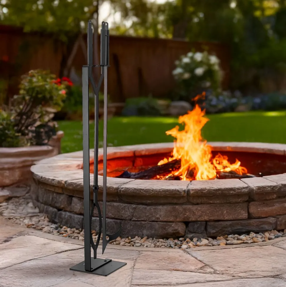 VEVOR Fireplace Tool Set, 5 PCS Fire Tool Set and Holder with Five-Prong Stand, Tongs, Ash Shovel, Brush, Fire Place Poker, Wrought Iron Fireplace Accessories for Indoor/Outdoor, Black & Brass