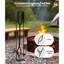 VEVOR Fireplace Tool Set, 5 PCS Fire Tool Set and Holder with Five-Prong Stand, Tongs, Ash Shovel, Brush, Fire Place Poker, Wrought Iron Fireplace Accessories for Indoor/Outdoor, Black & Brass