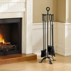VEVOR Fireplace Tool Set, 5 PCS Fire Tool Set and Holder with Four-Prong Stand, Tongs, Ash Shovel, Brush, Fire Place Poker, Wrought Iron Fireplace Accessories for Campfire Indoor/Outdoor, Black