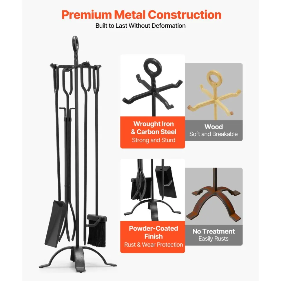 VEVOR Fireplace Tool Set, 5 PCS Fire Tool Set and Holder with Four-Prong Stand, Tongs, Ash Shovel, Brush, Fire Place Poker, Wrought Iron Fireplace Accessories for Campfire Indoor/Outdoor, Black