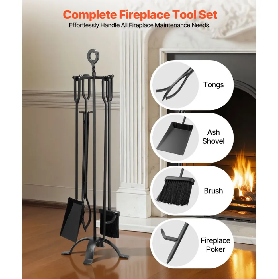 VEVOR Fireplace Tool Set, 5 PCS Fire Tool Set and Holder with Four-Prong Stand, Tongs, Ash Shovel, Brush, Fire Place Poker, Wrought Iron Fireplace Accessories for Campfire Indoor/Outdoor, Black