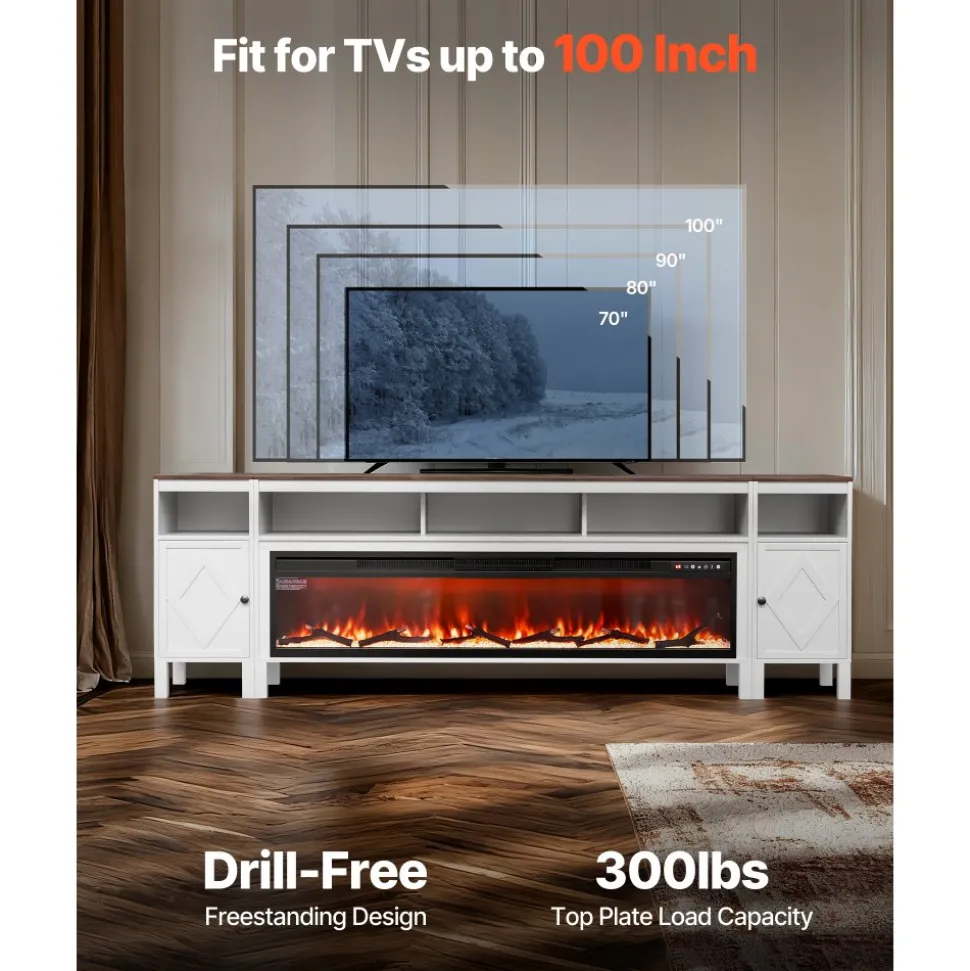 VEVOR Fireplace TV Stand, Farmhouse Fireplace TV Stand for TVs up to 100 inch, Farmhouse Entertainment Center with 60 inch Fireplace & Storage Drawers for Living Room Bedroom, Remote Control, White