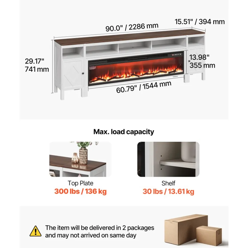 VEVOR Fireplace TV Stand, Farmhouse Fireplace TV Stand for TVs up to 100 inch, Farmhouse Entertainment Center with 60 inch Fireplace & Storage Drawers for Living Room Bedroom, Remote Control, White