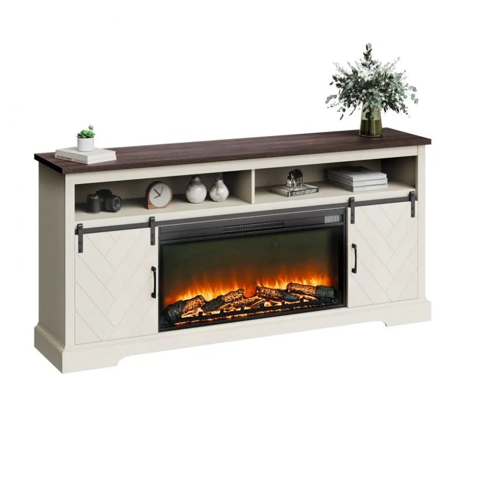 VEVOR Fireplace TV Stand, Farmhouse Fireplace TV Stand for TVs up to 80 inch, Farmhouse Entertainment Center with 36 inch Fireplace & LED Lights, Electric Fireplaces for Living Room Bedroom, White