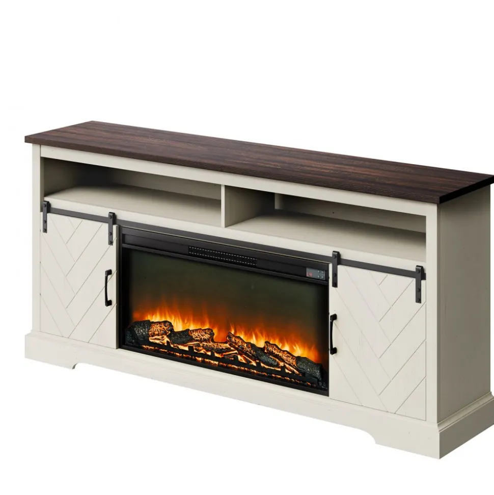 VEVOR Fireplace TV Stand, Farmhouse Fireplace TV Stand for TVs up to 80 inch, Farmhouse Entertainment Center with 36 inch Fireplace & LED Lights, Electric Fireplaces for Living Room Bedroom, White