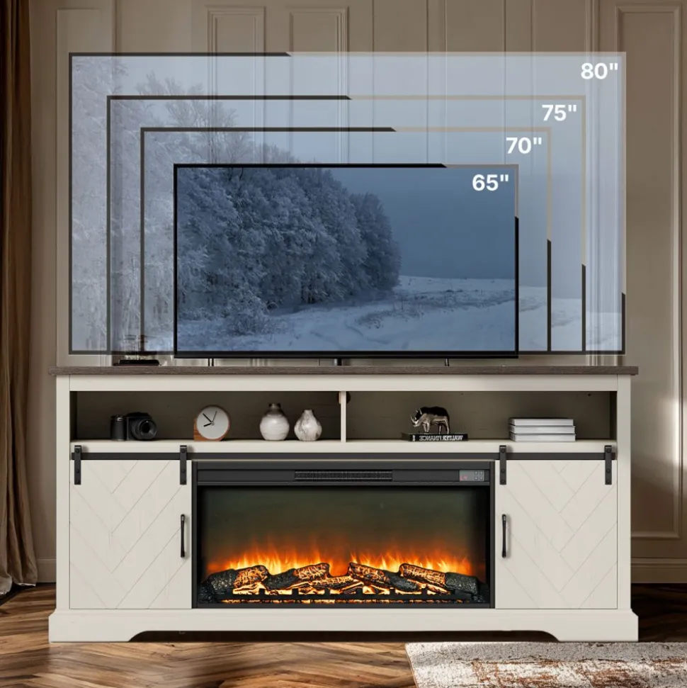 VEVOR Fireplace TV Stand, Farmhouse Fireplace TV Stand for TVs up to 80 inch, Farmhouse Entertainment Center with 36 inch Fireplace & LED Lights, Electric Fireplaces for Living Room Bedroom, White