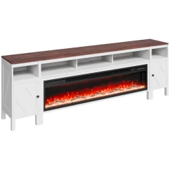VEVOR 100" Fireplace TV Stand, Media Storage Corner with 60" Fireplace, Storage Drawers & Cabinets, Pastoral TV Console Table with 20 LED Lights, Remote Control and Timer for Living Room, White