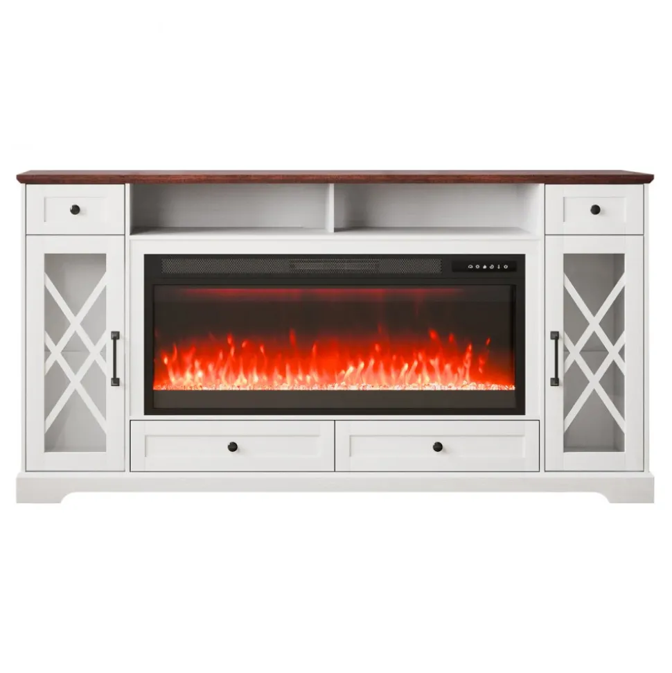 VEVOR 80" Fireplace TV Stand, Media Storage Corner with 42" Fireplace, Storage Drawers & Cabinets, Pastoral TV Console Table with 20 LED Lights, Remote Control & Timer for Living Room, Brown + White