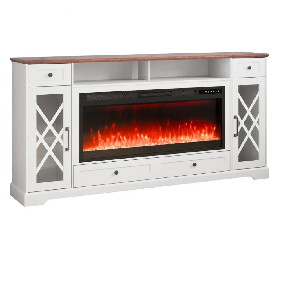 VEVOR 80" Fireplace TV Stand, Media Storage Corner with 42" Fireplace, Storage Drawers & Cabinets, Pastoral TV Console Table with 20 LED Lights, Remote Control & Timer for Living Room, Brown + White