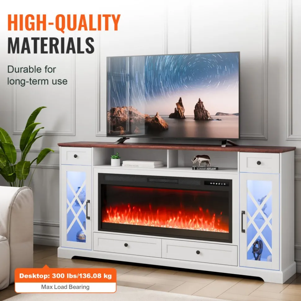 VEVOR 80" Fireplace TV Stand, Media Storage Corner with 42" Fireplace, Storage Drawers & Cabinets, Pastoral TV Console Table with 20 LED Lights, Remote Control & Timer for Living Room, Brown + White