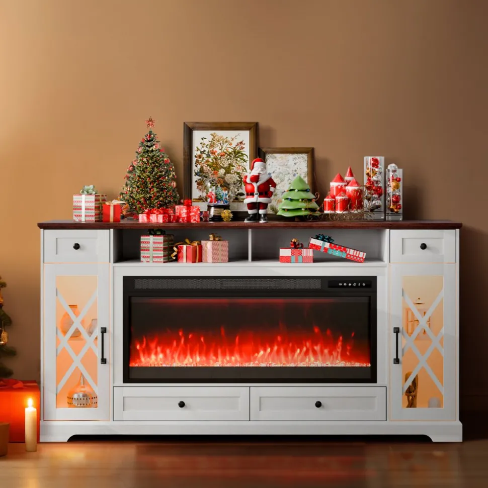 VEVOR 80" Fireplace TV Stand, Media Storage Corner with 42" Fireplace, Storage Drawers & Cabinets, Pastoral TV Console Table with 20 LED Lights, Remote Control & Timer for Living Room, Brown + White