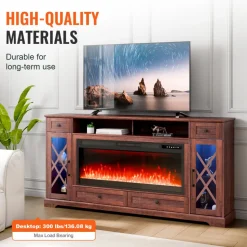 VEVOR 80" Fireplace TV Stand, Media Storage Corner with 42" Fireplace, Storage Drawers & Cabinets, Pastoral TV Console Table with 20 LED Lights, Remote Control and Timer for Living Room, Brown