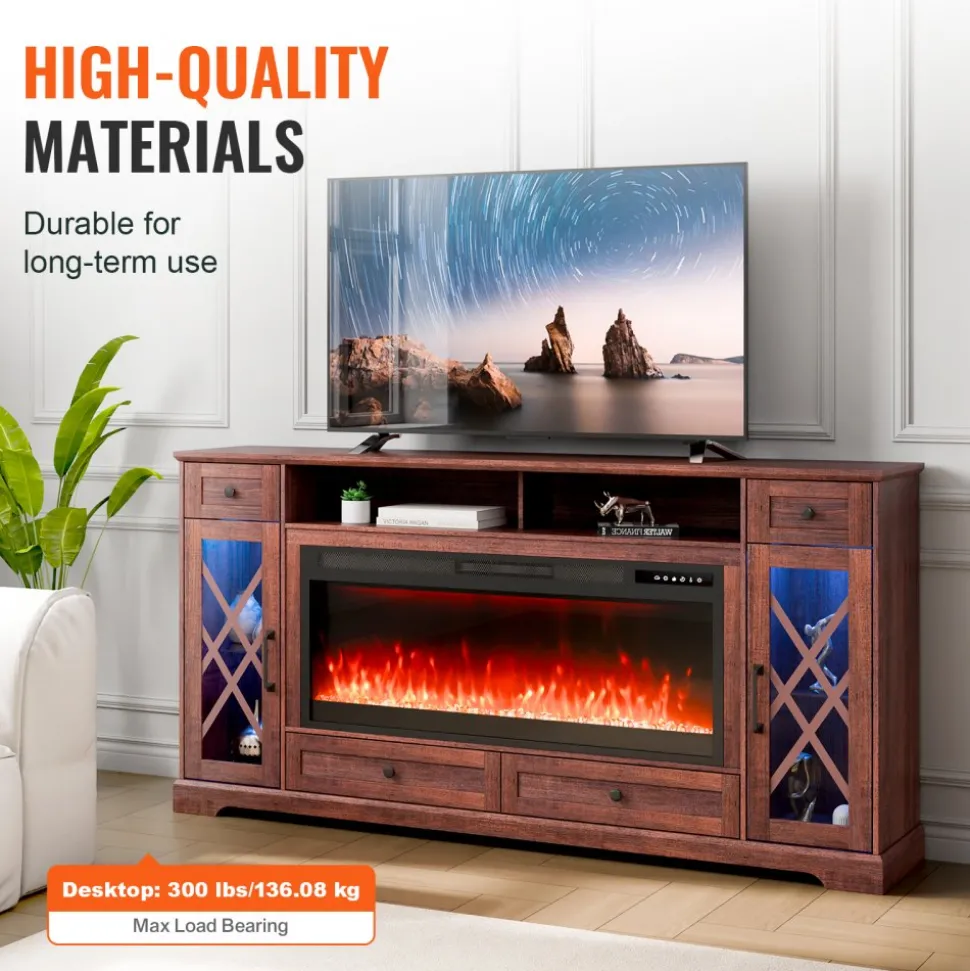 VEVOR 80" Fireplace TV Stand, Media Storage Corner with 42" Fireplace, Storage Drawers & Cabinets, Pastoral TV Console Table with 20 LED Lights, Remote Control and Timer for Living Room, Brown