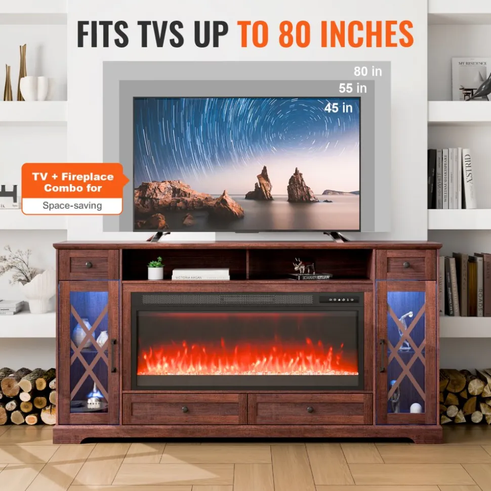 VEVOR 80" Fireplace TV Stand, Media Storage Corner with 42" Fireplace, Storage Drawers & Cabinets, Pastoral TV Console Table with 20 LED Lights, Remote Control and Timer for Living Room, Brown