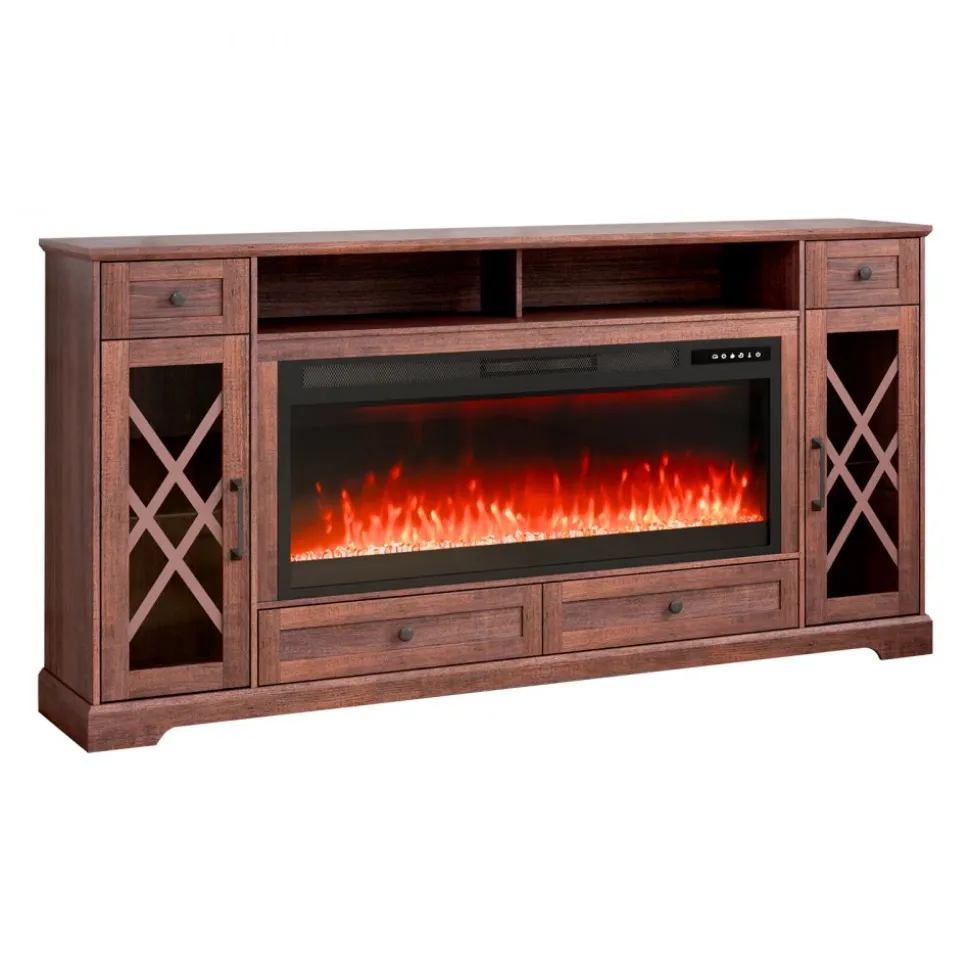 VEVOR 80" Fireplace TV Stand, Media Storage Corner with 42" Fireplace, Storage Drawers & Cabinets, Pastoral TV Console Table with 20 LED Lights, Remote Control and Timer for Living Room, Brown