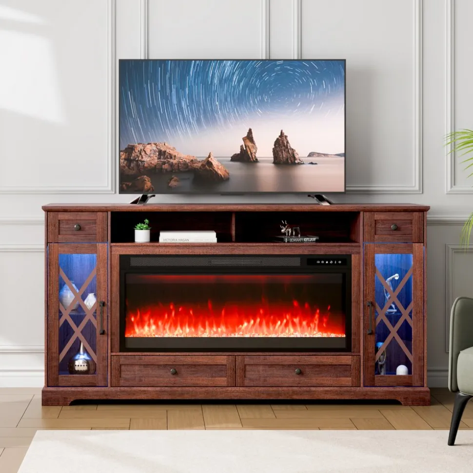VEVOR 80" Fireplace TV Stand, Media Storage Corner with 42" Fireplace, Storage Drawers & Cabinets, Pastoral TV Console Table with 20 LED Lights, Remote Control and Timer for Living Room, Brown