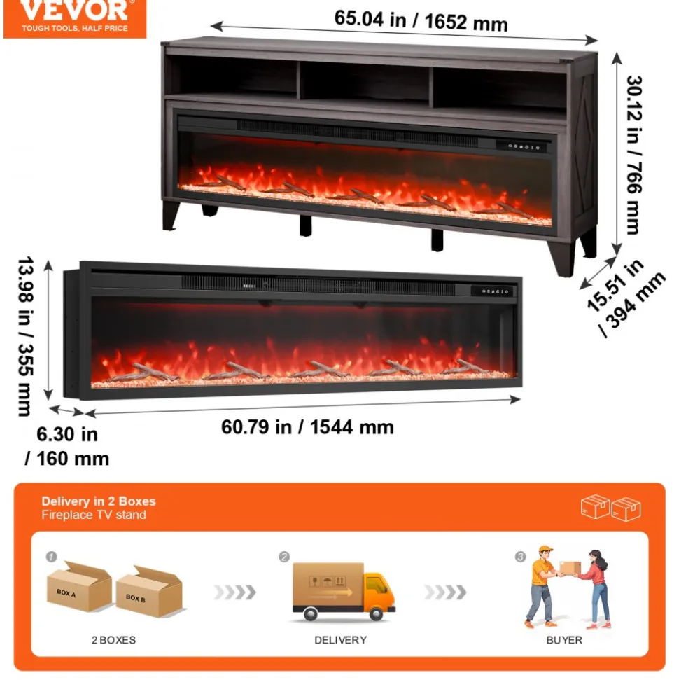 VEVOR 80" Fireplace TV Stand, Media Storage Corner with 60" Fireplace, Storage Drawers & Cabinets, Industrial Style TV Console Table with 20 Flames, Remote Control & Timer for Living Room, Black