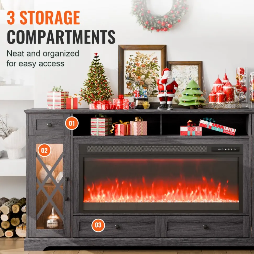 VEVOR 80" Fireplace TV Stand, Media Storage Corner with 42" Fireplace, Storage Drawers & Cabinets, Pastoral TV Console Table with 20 LED Lights, Remote Control and Timer for Living Room, Grey