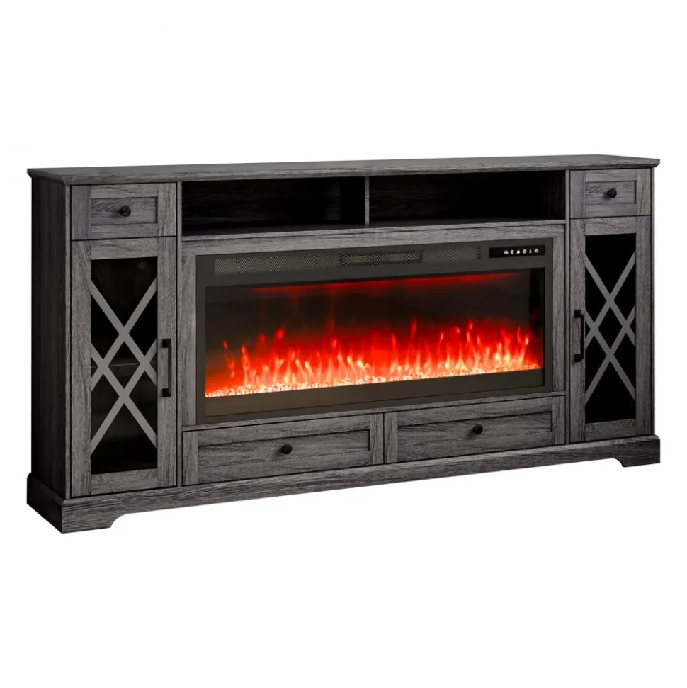 VEVOR 80" Fireplace TV Stand, Media Storage Corner with 42" Fireplace, Storage Drawers & Cabinets, Pastoral TV Console Table with 20 LED Lights, Remote Control and Timer for Living Room, Grey