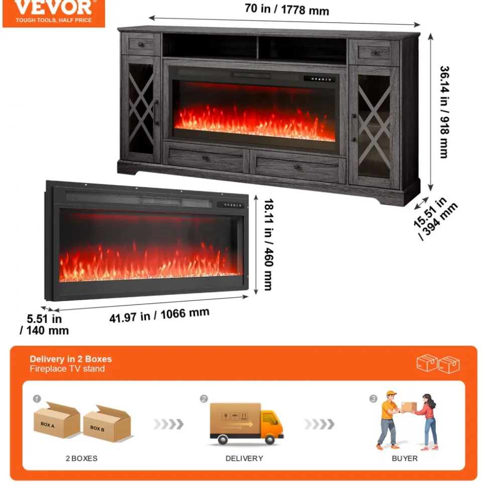 VEVOR 80" Fireplace TV Stand, Media Storage Corner with 42" Fireplace, Storage Drawers & Cabinets, Pastoral TV Console Table with 20 LED Lights, Remote Control and Timer for Living Room, Grey