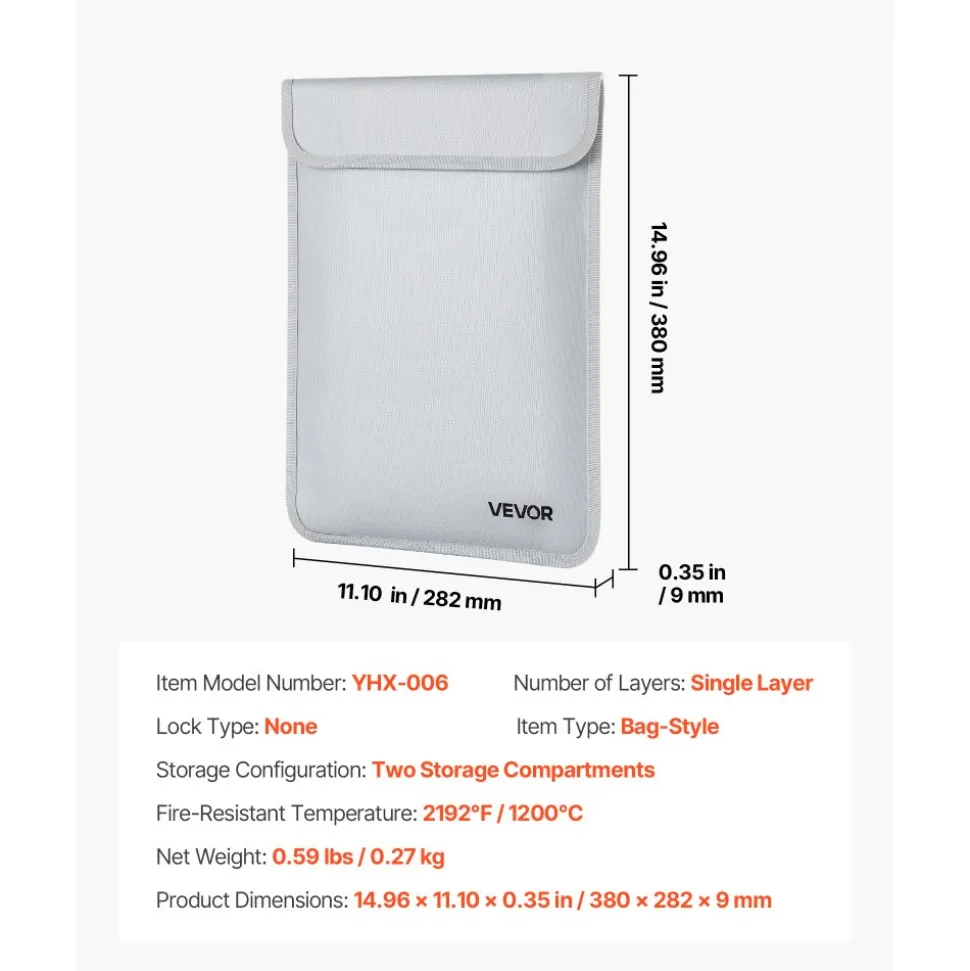 VEVOR Fireproof Document Bag, 2192 ℉ Heat Insulated Fireproof & Waterproof Bag with Smooth Zipper, Portable File Storage Organizer Home Office Travel Use, for Passports, Important Documents, Files