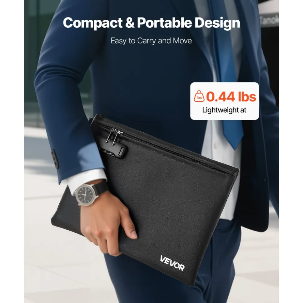 VEVOR Fireproof Document Bag, 1832 ℉ Heat Insulated Fireproof & Waterproof Bag with Lock, Portable File Storage Security Organizer Home Office Travel Use, for Passports, Important Documents & Files