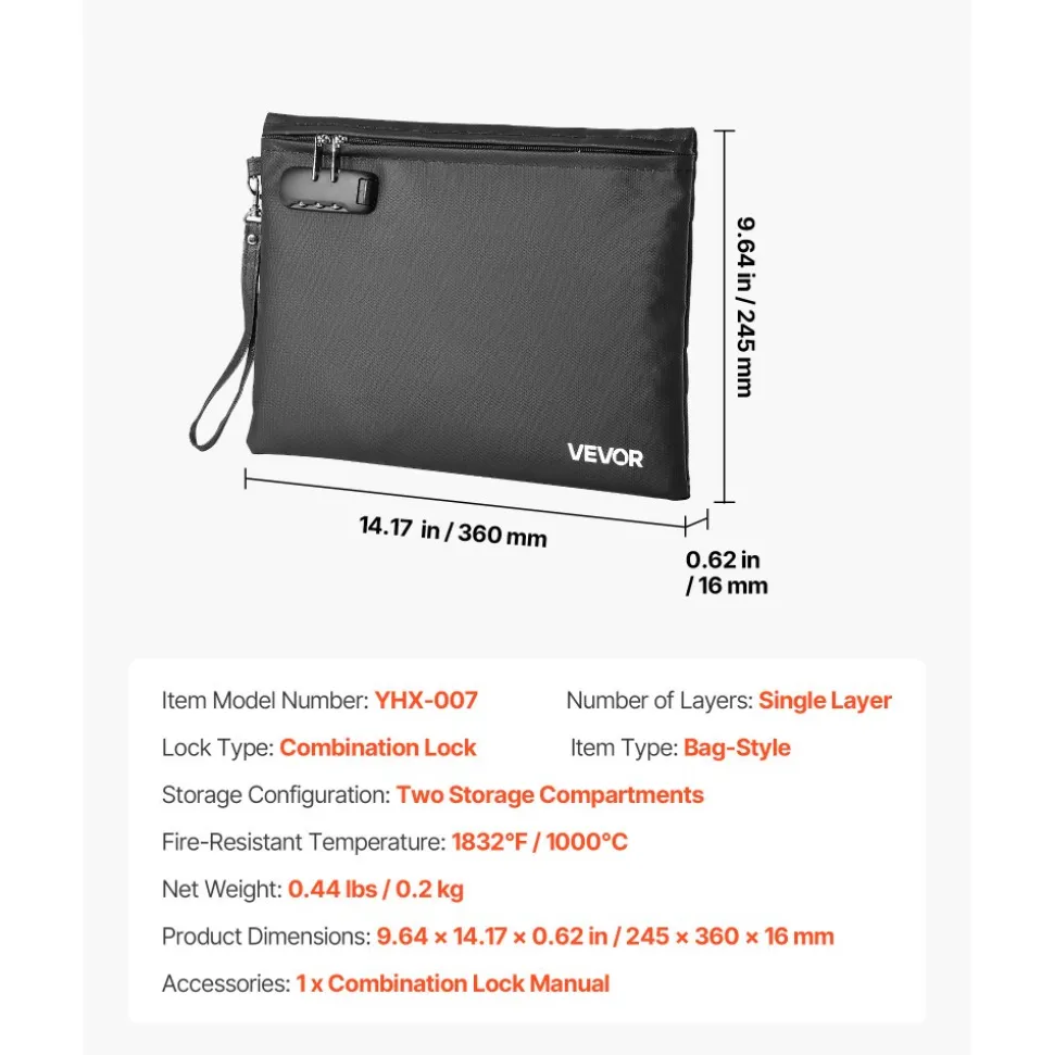 VEVOR Fireproof Document Bag, 1832 ℉ Heat Insulated Fireproof & Waterproof Bag with Lock, Portable File Storage Security Organizer Home Office Travel Use, for Passports, Important Documents & Files