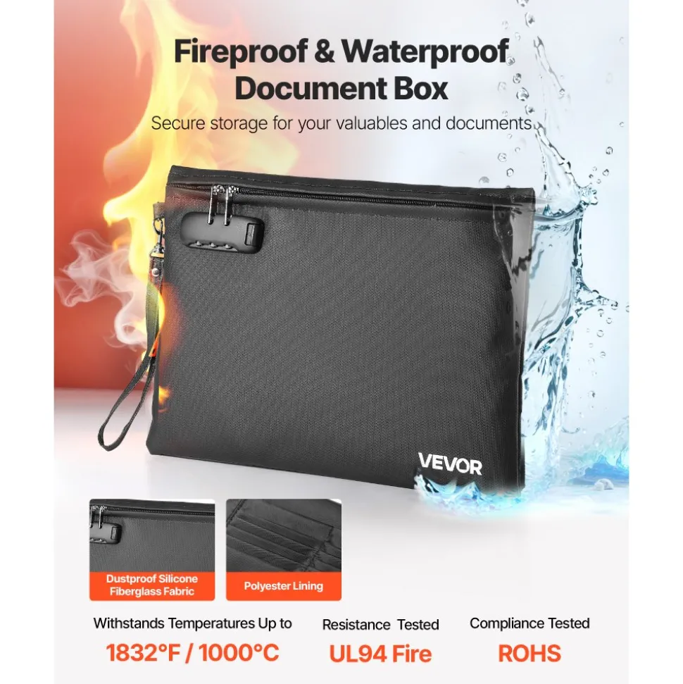VEVOR Fireproof Document Bag, 1832 ℉ Heat Insulated Fireproof & Waterproof Bag with Lock, Portable File Storage Security Organizer Home Office Travel Use, for Passports, Important Documents & Files