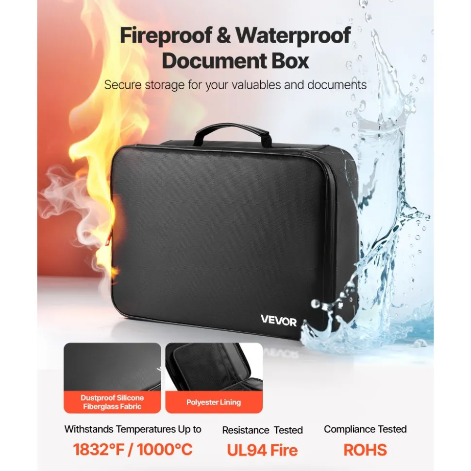 VEVOR Fireproof Document Box, 1832 ℉ Heat Insulated Fireproof & Waterproof Box with Lock, Portable Multi-Layer Home Office Travel File Storage Organizer, for Passports, Important Documents, Files