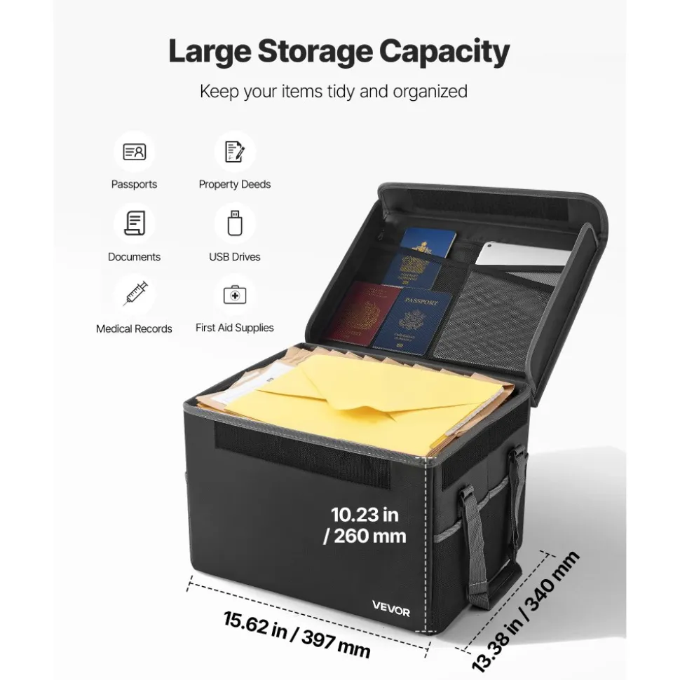 VEVOR Fireproof Document Box, 1832 ℉ Heat Insulated Fireproof & Waterproof Box, Space-Saving and Foldable Design, Portable Home Office Travel File Organizer, for Passports, Important Documents, Files