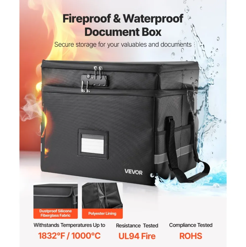 VEVOR Fireproof Document Box, 1832 ℉ Heat Insulated Fireproof & Waterproof Box with Lock, Portable Two-Layer File Storage Organizer Home Office Travel Use, for Passports, Important Documents, Files