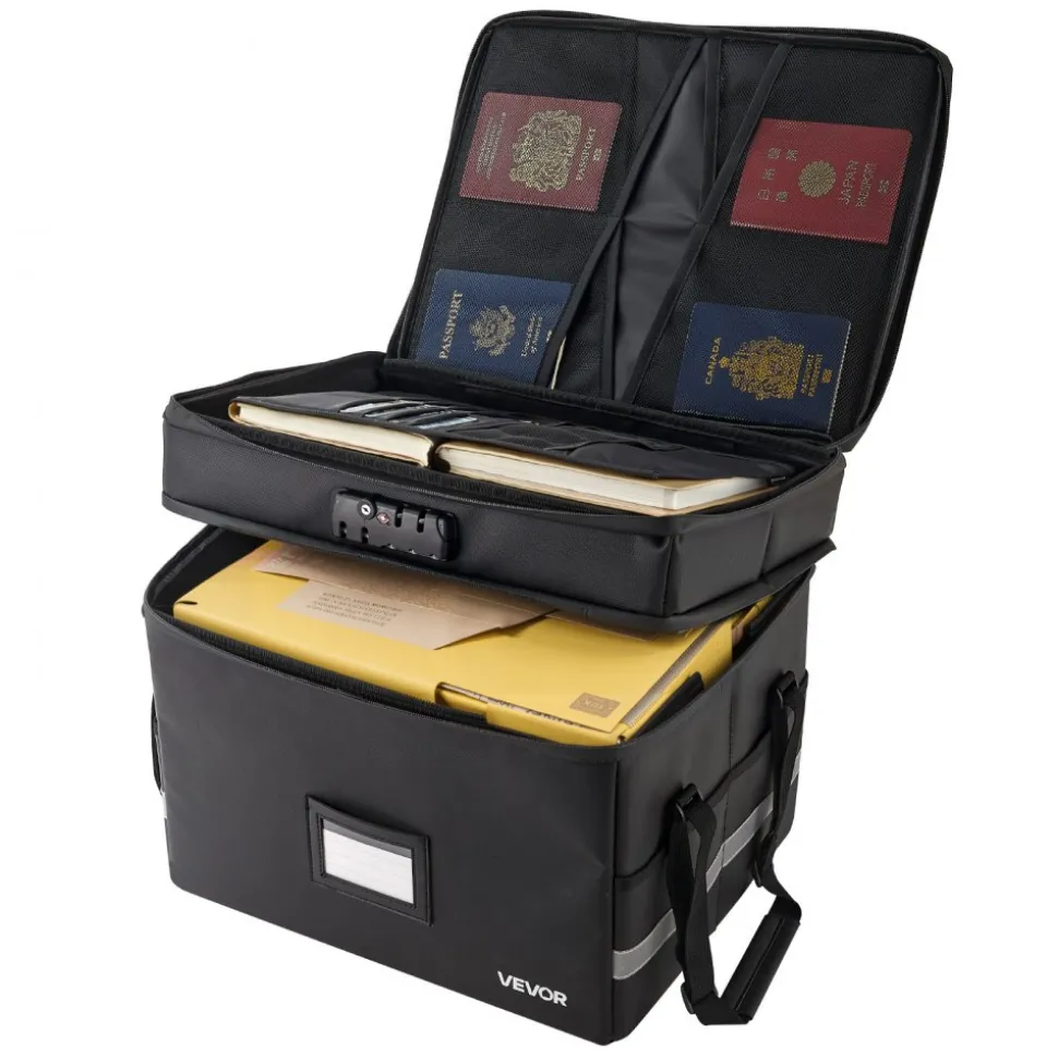 VEVOR Fireproof Document Box, 1832 ℉ Heat Insulated Fireproof & Waterproof Box with Lock, Portable Two-Layer File Storage Organizer Home Office Travel Use, for Passports, Important Documents, Files