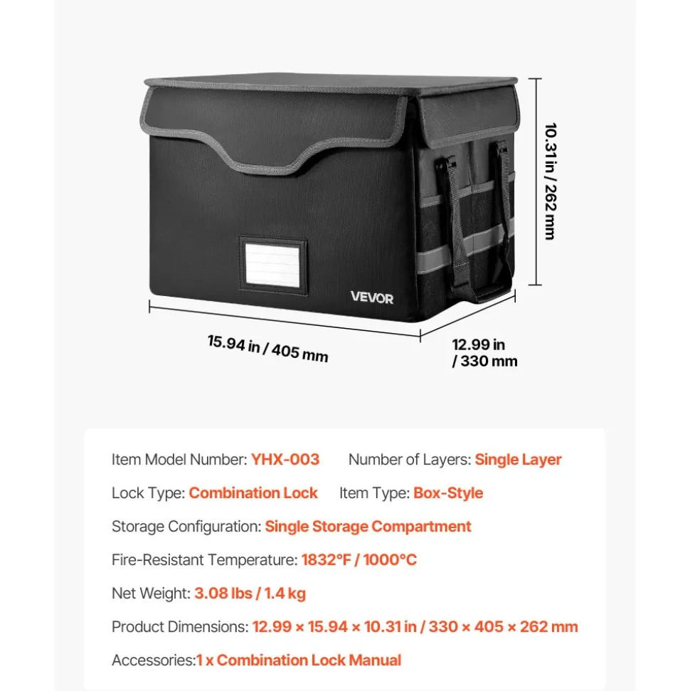 VEVOR Fireproof Document Box, 1832 ℉ Heat Insulated Fireproof & Waterproof Box with Lock, Portable File Storage Security Organizer Home Office Travel Use, for Passports, Important Documents & Files