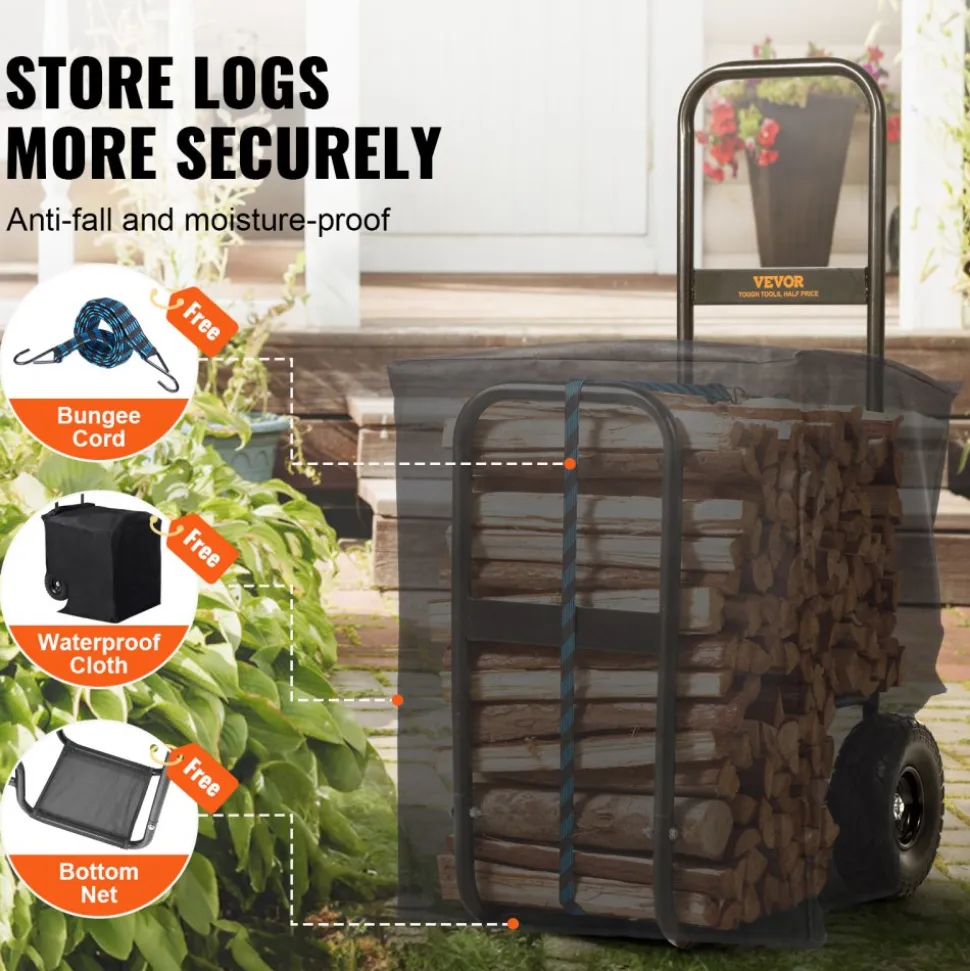 VEVOR Firewood Log Cart, 250 lbs Capacity, Outdoor and Indoor Wood Rack Storage Mover with PU Wheels & Waterproof Cloth, Heavy Duty Steel Dolly Hauler, Firewood Carrier for Fireplace, Fire Pit, Black