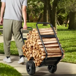 VEVOR Firewood Log Cart, 250 lbs Capacity, Outdoor and Indoor Wood Rack Storage Mover with PU Wheels & Waterproof Cloth, Heavy Duty Steel Dolly Hauler, Firewood Carrier for Fireplace, Fire Pit, Black