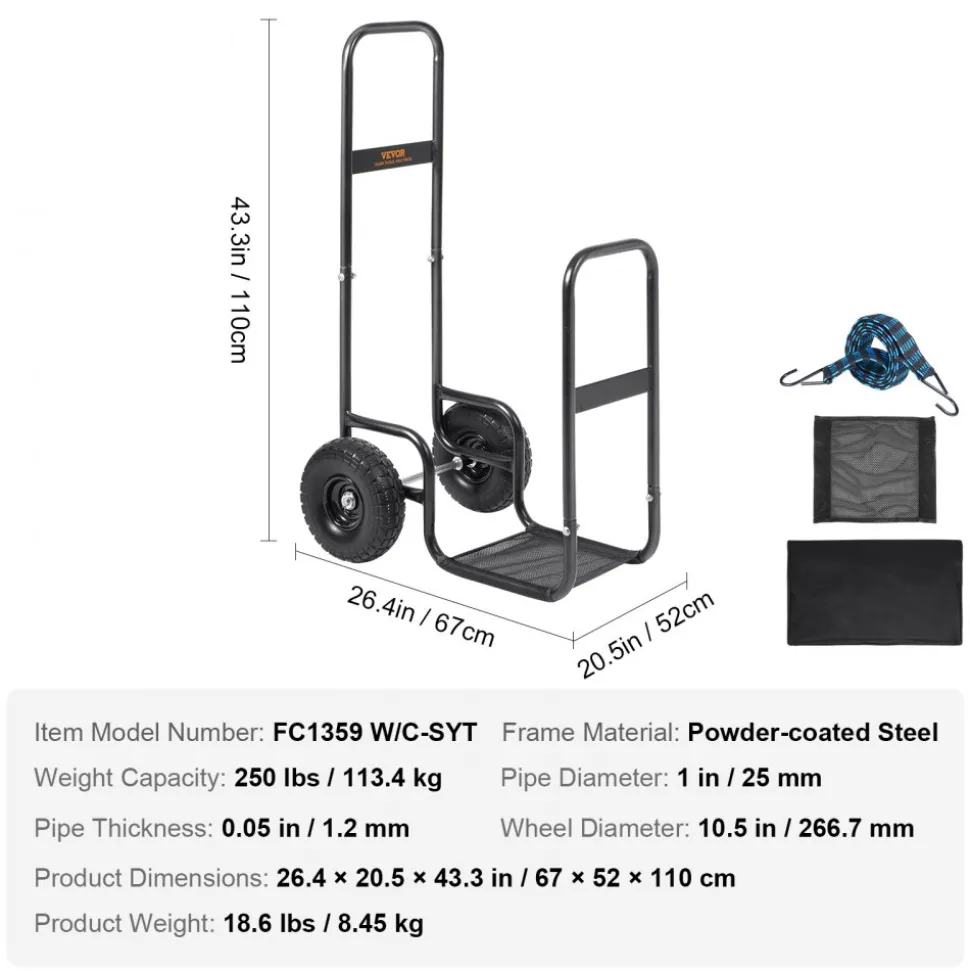 VEVOR Firewood Log Cart, 250 lbs Capacity, Outdoor and Indoor Wood Rack Storage Mover with PU Wheels & Waterproof Cloth, Heavy Duty Steel Dolly Hauler, Firewood Carrier for Fireplace, Fire Pit, Black