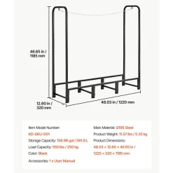 VEVOR Firewood Rack 4ft 1/4 Cord Heavy Duty Outdoor Wood Storage Holder, for Fireplace Patio Deck, 550 lbs Load Capacity, Carbon Steel Frame Fire Log Stacker Stand, Metal Wood Pile Organizer, Black