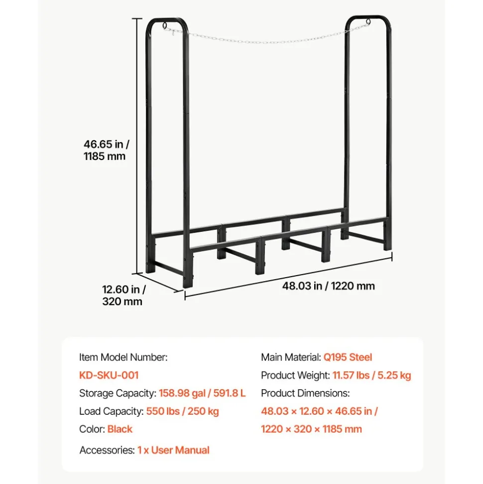 VEVOR Firewood Rack 4ft 1/4 Cord Heavy Duty Outdoor Wood Storage Holder, for Fireplace Patio Deck, 550 lbs Load Capacity, Carbon Steel Frame Fire Log Stacker Stand, Metal Wood Pile Organizer, Black
