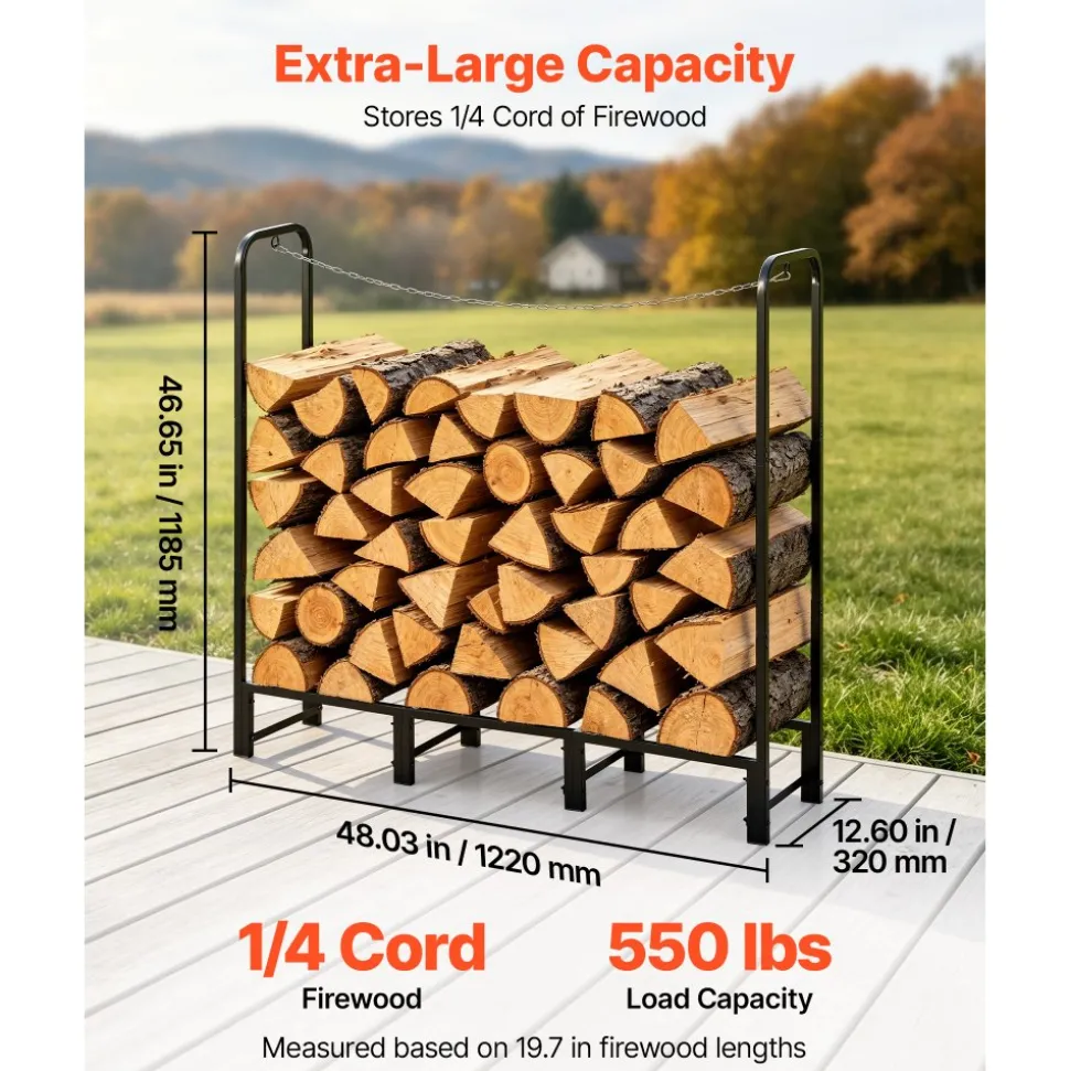 VEVOR Firewood Rack 4ft 1/4 Cord Heavy Duty Outdoor Wood Storage Holder, for Fireplace Patio Deck, 550 lbs Load Capacity, Carbon Steel Frame Fire Log Stacker Stand, Metal Wood Pile Organizer, Black