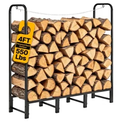 VEVOR Firewood Rack 4ft 1/4 Cord Heavy Duty Outdoor Wood Storage Holder, for Fireplace Patio Deck, 550 lbs Load Capacity, Carbon Steel Frame Fire Log Stacker Stand, Metal Wood Pile Organizer, Black