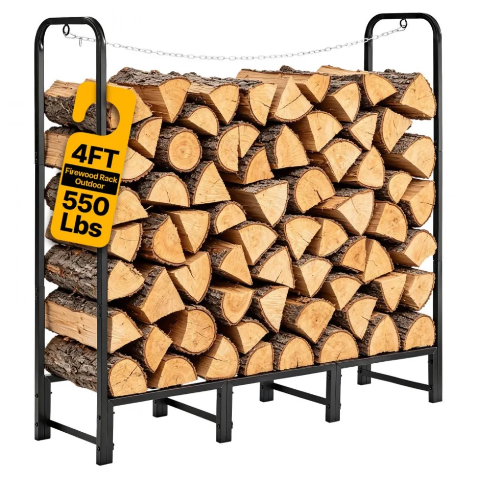 VEVOR Firewood Rack 4ft 1/4 Cord Heavy Duty Outdoor Wood Storage Holder, for Fireplace Patio Deck, 550 lbs Load Capacity, Carbon Steel Frame Fire Log Stacker Stand, Metal Wood Pile Organizer, Black