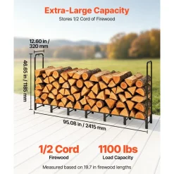 VEVOR Firewood Rack 8ft 1/2 Cord Heavy Duty Outdoor Wood Storage Holder, for Fireplace Patio Deck, 1100 lbs Load Capacity, Carbon Steel Frame Fire Log Stacker Stand, Metal Wood Pile Organizer, Black